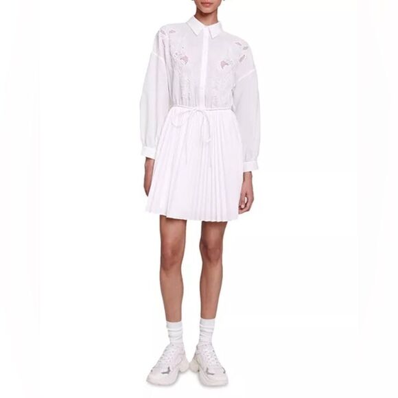 Maje Riwhite Lace Detail Pleated Shirt mini dress in white size 40/ us 8 NWT - Picture 1 of 10